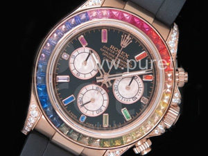 로렉스 데이토나 116598 로즈골드 레인바우 크리스탈 베젤 블랙 다이얼 | Daytona 116595RBOW RG Rainbow Crystal BLF Best Edition Black Dial on Rubber Strap A4130