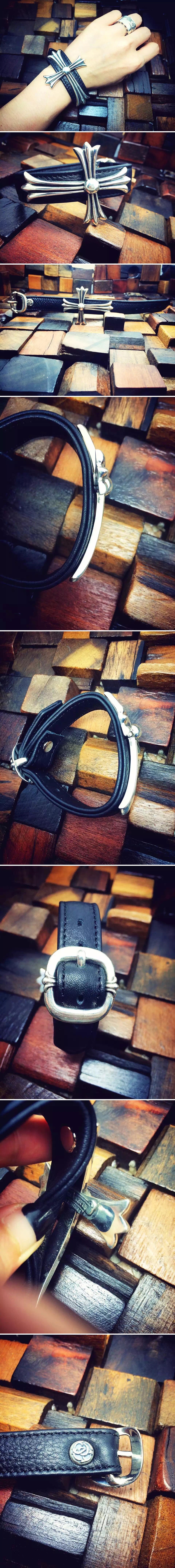 크롬하츠 2022 스텔링 실버 가죽 팔찌 AC455