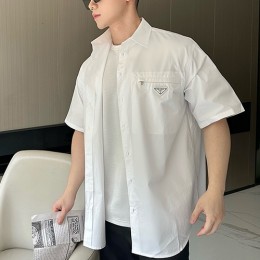 [홍콩명품,PRADA] 프라다 24SS 삼각로고 포플린 반팔 남방 셔츠 (화이트), BM14175, JL, 홍콩명품의류,구매대행,온라인명품