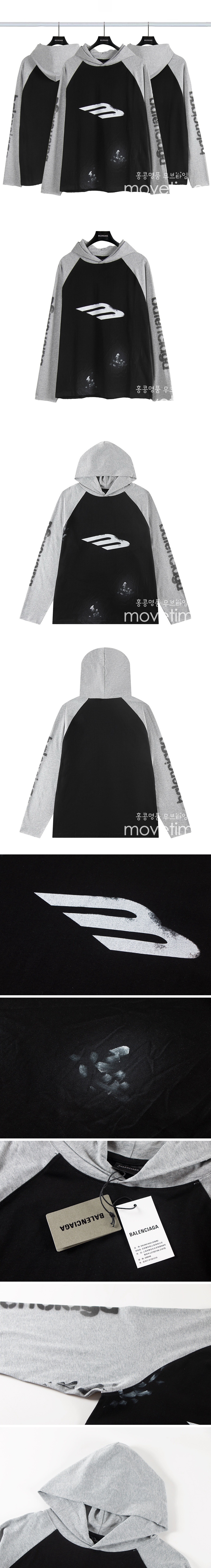 [홍콩명품.BALENCIAGA] 발렌시아가 24SS 스포티로고 프린트 후드 티셔츠 (블랙-그레이), BM16623, JU, 홍콩명품의류,구매대행,온라인명품