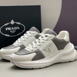 [홍콩명품,PRADA] 프라다 24SS 삼각로고 레더 가죽 스니커즈 운동화 (화이트-그레이), SE4285, PMD, 명품스니커즈,운동화,구두,로퍼,하이탑,신발