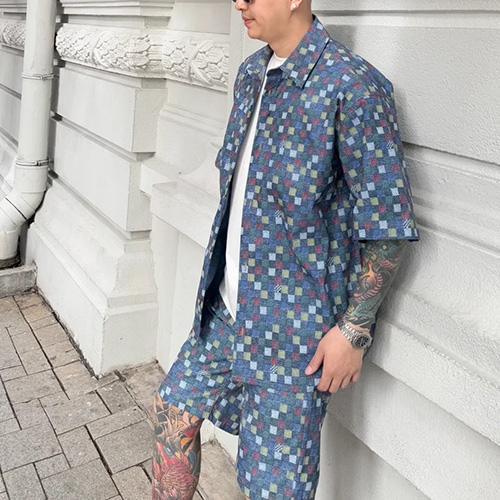 [홍콩명품.LOUIS VUITTON] 루이비통 25SS 로고 다미에 데님 반팔 남방 셔츠 + 데님 쇼츠 반바지 상하의 세트, BM19628, KB, 홍콩명품의류,구매대행,온라인명품