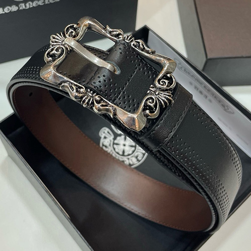 [홍콩명품.Chrome Hearts] 크롬하츠 25SS 로고 925실버 버클 레더 가죽 벨트, 3.4cm, BT1414, BRB, 명품레플리카,인터넷쇼핑몰,남자명품,해외직구