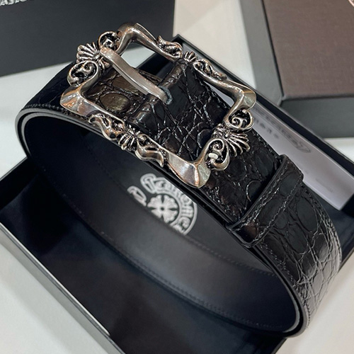 [홍콩명품.Chrome Hearts] 크롬하츠 25SS 로고 925실버 버클 레더 가죽 벨트, 3.4cm, BT1416, BRB, 명품레플리카,인터넷쇼핑몰,남자명품,해외직구