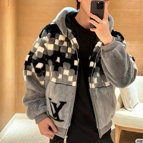 [홍콩명품.LOUIS VUITTON] 루이비통 25SS 로고 다미에 퍼 후드 집업 자켓 (그레이), BM20157, KB, 홍콩명품의류,구매대행,온라인명품