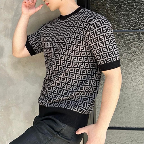 [홍콩명품,FENDI] 펜디 25SS 로고 FF패턴 니트 반팔 티셔츠 (2컬러), BM20269, KB, 홍콩명품의류,구매대행,온라인명품