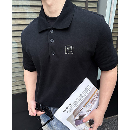 [홍콩명품,FENDI] 펜디 25SS 로고 FF자수 카라 폴로 반팔 티셔츠 (블랙), BM20271, KB, 홍콩명품의류,구매대행,온라인명품
