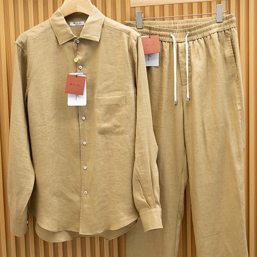 [홍콩명품.Loro Piana] 로로피아나 25SS 로고 린넨 남방 셔츠 + 팬츠 바지 상하의 세트 (카라멜), BM20503, B&G, 홍콩명품의류,구매대행,온라인명품