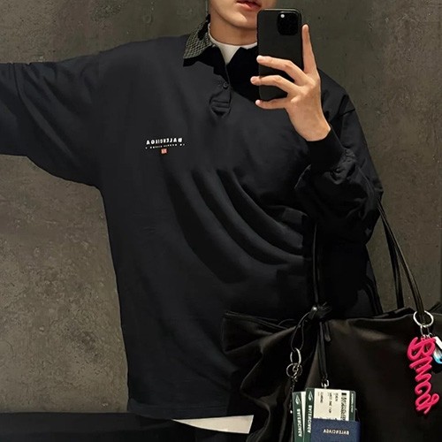[홍콩명품.BALENCIAGA] 발렌시아가 25SS 로고 자수 카라 긴팔 티셔츠 (네이비), BM20721, KB, 홍콩명품의류,구매대행,온라인명품