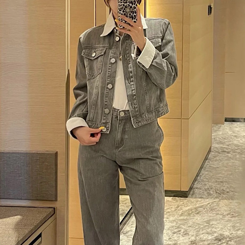 [홍콩명품.CHANEL] 샤넬 25SS 로고 여성 데님 자켓 + 오버핏 데님 팬츠 진 청바지 상하의 세트 (그레이), BM20773, PG, 홍콩명품의류,구매대행,온라인명품