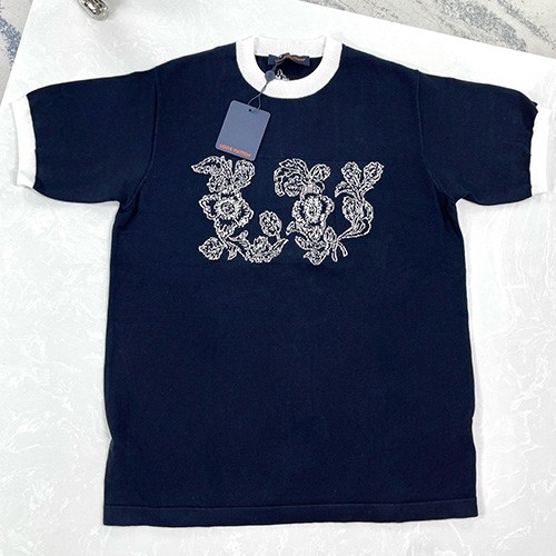 [홍콩명품.LOUIS VUITTON] 루이비통 25SS 로고 패턴 니트 반팔 티셔츠 (네이비), BM21006, JU, 홍콩명품의류,구매대행,온라인명품