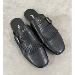 [홍콩명품,PRADA] 프라다 25SS 로고 SHUFFLE 레더 가죽 뮬 슬리퍼 (블랙), SE5314, JL, 명품스니커즈,운동화,구두,로퍼,하이탑,신발