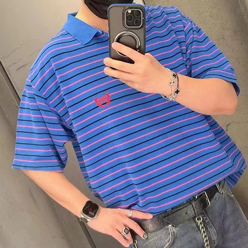[홍콩명품.BALENCIAGA] 발렌시아가 25SS 로고 BB 자수 스트라이프 카라 폴로 반팔 티셔츠 (2컬러), BM21426, JU, 명품레플리카,미러급,온라인쇼핑몰사이트