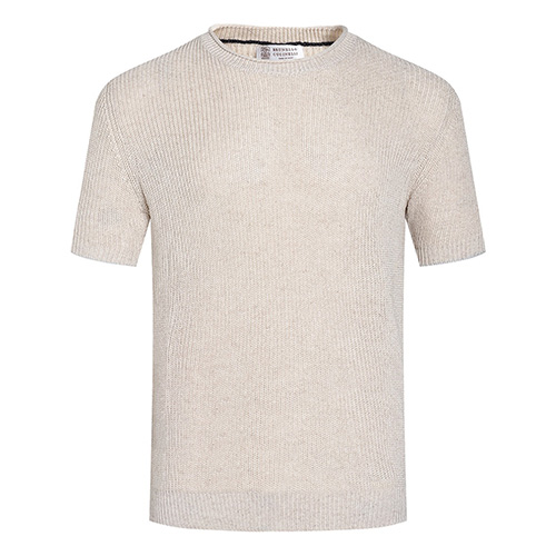 [홍콩명품.Brunello Cucinelli ] 브루넬로 쿠치넬리 25SS 로고 니트 반팔 티셔츠 (베이지), BM21446, JU, 명품레플리카,미러급,온라인쇼핑몰사이트