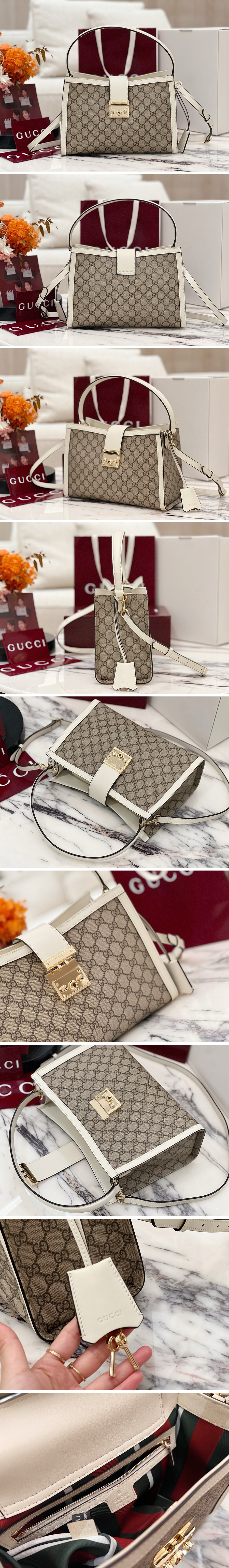 [홍콩명품.Gucci] 구찌 25SS 로고 패드록 탑 핸들 핸드백 베이지 화이트 GG 패브릭 838991, BGM5042, GU2, 홍콩명품가방,명품쇼핑몰,크로스백,핸드백,구매대행