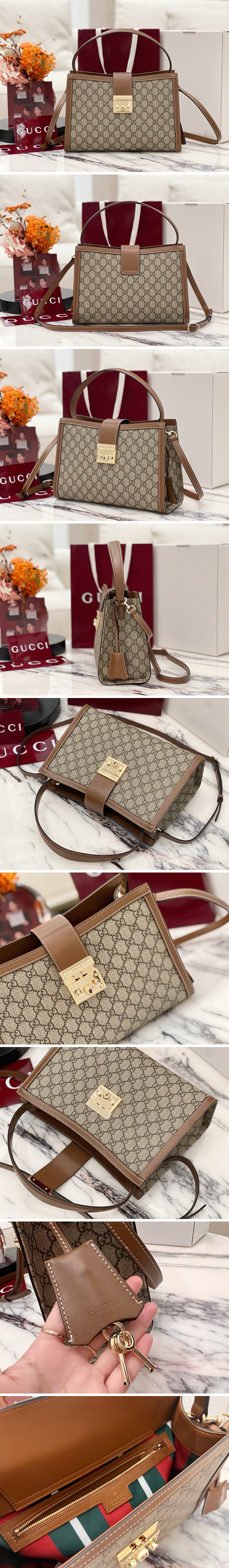 [홍콩명품.Gucci] 구찌 25SS 로고 패드록 탑 핸들 핸드백 베이지 브라운 GG 패브릭 838991, BGM5044, GU2, 홍콩명품가방,명품쇼핑몰,크로스백,핸드백,구매대행