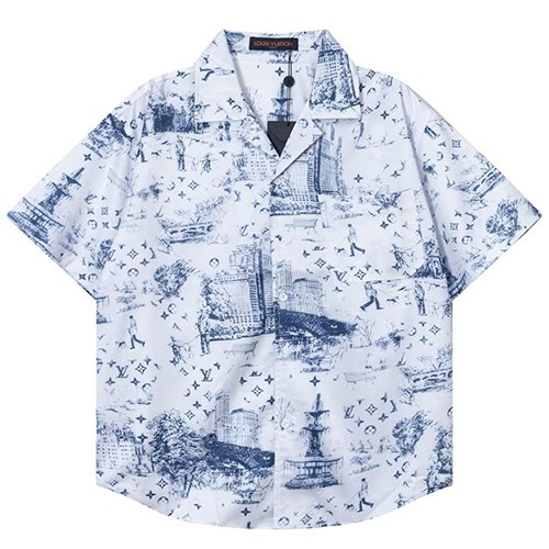 [홍콩명품.LOUIS VUITTON] 루이비통 25SS 로고 패턴 반팔 남방 셔츠 + 쇼츠 반바지 상하의 세트 (화이트), BM22004, 레플리카의류,미러급사이트