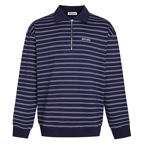 [홍콩명품,MIU MIU] 미우미우 25SS 로고 스트라이프 하프지퍼 카라 니트 스웨터 (네이비), BM22293, KK, 레플리카의류,미러급사이트