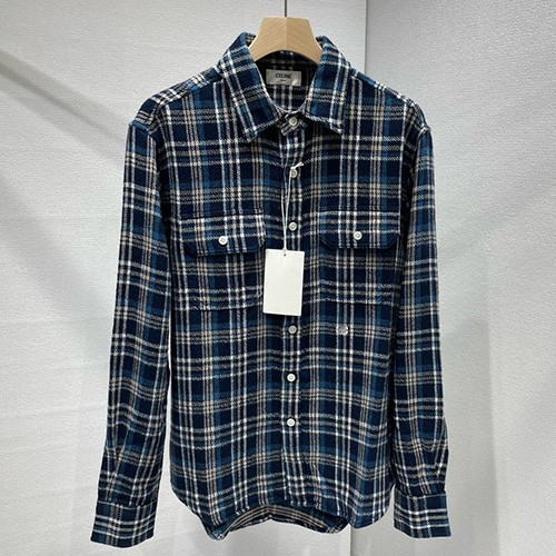 [홍콩명품.CELINE] 셀린느 25SS 로고 체크패턴 울 남방 셔츠 (블루), BM22473, JL, 레플리카의류,미러급사이트