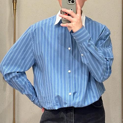 [홍콩명품.LOEWE] 로에베 25SS 로고 스트라이프 남방 셔츠 (블루), BM22565, KB, 레플리카의류,미러급사이트