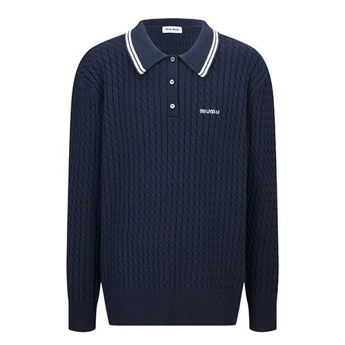 [홍콩명품,MIU MIU] 미우미우 25SS 로고 자수 카라 니트 스웨터 (네이비), BM22725, JL, 레플리카의류,미러급사이트
