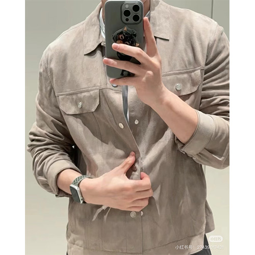 [홍콩명품.Brunello Cucinelli ] 브루넬로 쿠치넬리 25SS 로고 레더 가죽 카라 자켓 (2컬러), BM22878, PG, 레플리카의류,미러급사이트