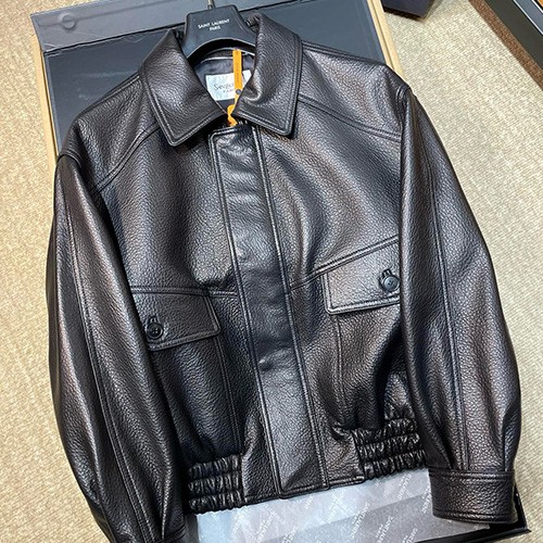 [홍콩명품.YSL] 입생로랑 25SS 로고 레더 가죽 카라 봄버 자켓 (블랙), BM22879, PG, 레플리카의류,미러급사이트