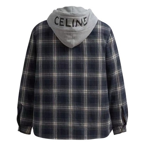 [홍콩명품.CELINE] 셀린느 25SS 로고 체크패턴 울 후드 솜패딩 남방 셔츠 (네이비), BM23159, JL, 레플리카의류,미러급사이트