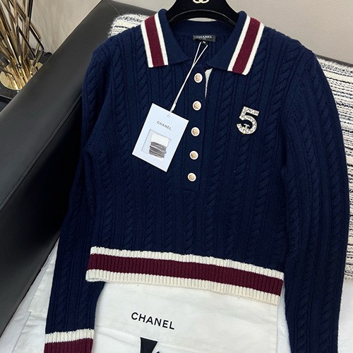 [홍콩명품.CHANEL] 샤넬 25SS 로고 여성 카라 니트 (네이비), BM23219, KSM, 레플리카의류,미러급사이트