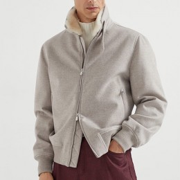 [홍콩명품.Brunello Cucinelli ] 브루넬로 쿠치넬리 25SS 로고 시어링 울 캐시미어 봄버 자켓 (그레이), BM23243, PG, 레플리카의류,미러급사이트