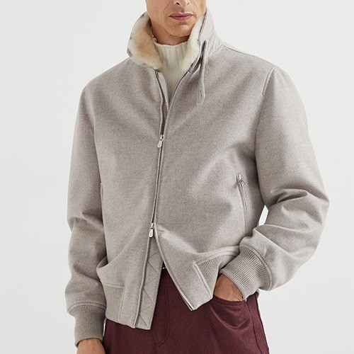 [홍콩명품.Brunello Cucinelli ] 브루넬로 쿠치넬리 25SS 로고 시어링 울 캐시미어 봄버 자켓 (그레이), BM23243, PG, 레플리카의류,미러급사이트