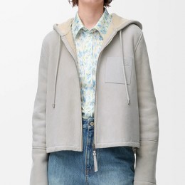 [홍콩명품.LOEWE] 로에베 25SS 로고 여성 레더 가죽 후드 집업 자켓 (그레이), BM23275, MC, 레플리카의류,미러급사이트