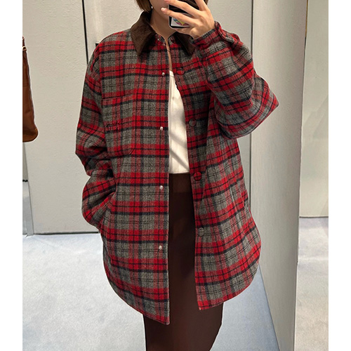 [홍콩명품,MIU MIU] 미우미우 25SS 로고 오버핏 체크패턴 울 남방 셔츠 (레드), BM23336, KB, 레플리카의류,미러급사이트