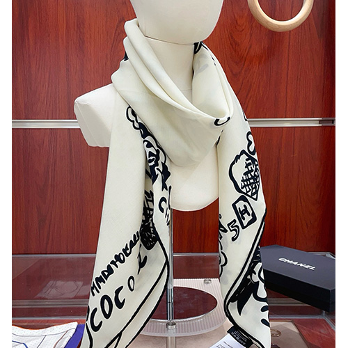 [홍콩명품.CHANEL] 샤넬 25SS 로고 패턴 140-140 캐시미어 실크 스카프 머플러 (아이보리), ET3190, 홍콩명품의류,구매대행,온라인명품