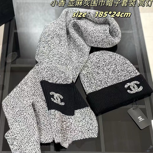 [홍콩명품.CHANEL] 샤넬 25SS 로고 캐시미어 비니 모자 + 스카프 머플러 세트 (그레이), CA0398, 명품레플리카 모자 캡 남자여자