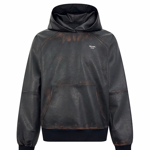 [홍콩명품,PRADA] 프라다 25SS 로고 레더 가죽 후드 티셔츠 (브라운), BM23575, JL, 레플리카의류,미러급사이트