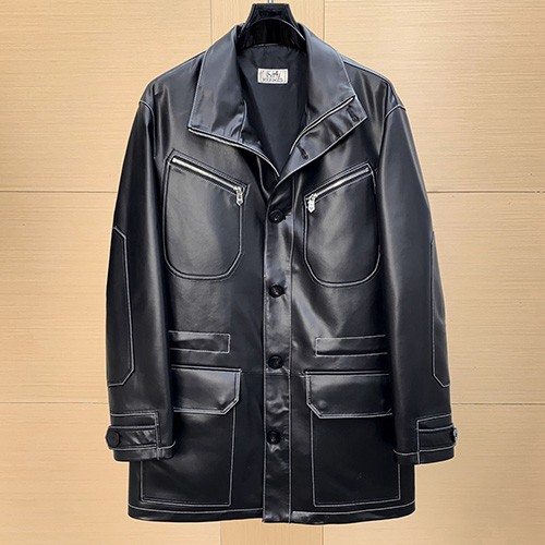 [홍콩명품.Hermes] 에르메스 25SS 로고 레더 가죽 카라 코트 자켓 (블랙), BM23937, 레플리카의류,미러급사이트