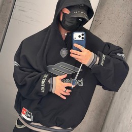 [홍콩명품.BALENCIAGA] 발렌시아가 25SS 로고 자수 기모 후드 티셔츠 (블랙), BM24125, KB, 레플리카의류,미러급사이트