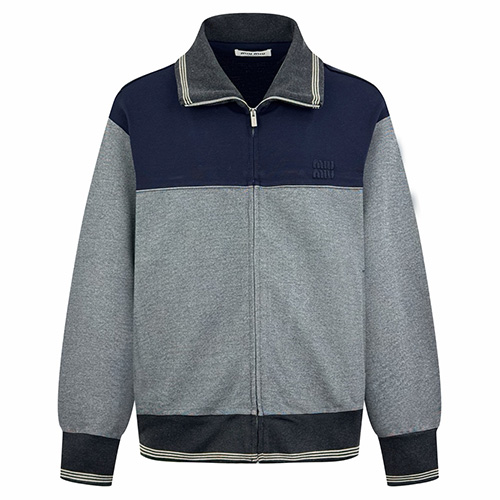 [홍콩명품,MIU MIU] 미우미우 25SS 로고 트레이닝 카라 집업 자켓 (네이비-그레이), BM24236, KK, 레플리카의류,미러급사이트