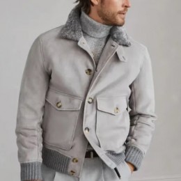 [홍콩명품.Brunello Cucinelli ] 브루넬로 쿠치넬리 26SS 로고 퍼카라 레더 가죽 봄버 자켓 (그레이), BM24328, TOM, 레플리카의류,미러급사이트