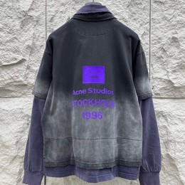 [홍콩명품.ACNE STUDIO] 아크네스튜디오 26SS 로고 워싱 빈티지 3톤 카라 긴팔 티셔츠 (블랙), BM24405, 레플리카의류,미러급사이트
