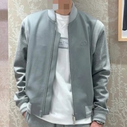 [홍콩명품,Christian Dior] 디올 26SS 로고 레더 가죽 캐시미어 레이어드 바시티 자켓 (그레이), BM24901, TOM, 레플리카의류,미러급사이트