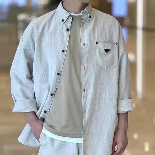 [홍콩명품,PRADA] 프라다 26SS 삼각로고 린넨 남방 셔츠 (베이지), BM24956, JL, 레플리카의류,미러급사이트