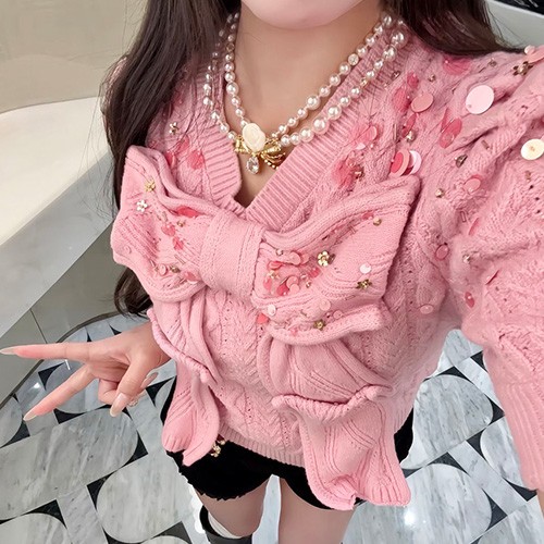[홍콩명품.CHANEL] 샤넬 26SS 로고 여성 리본 장식 니트 반팔 티셔츠 (핑크), BM25066, TBG, 레플리카의류,미러급사이트