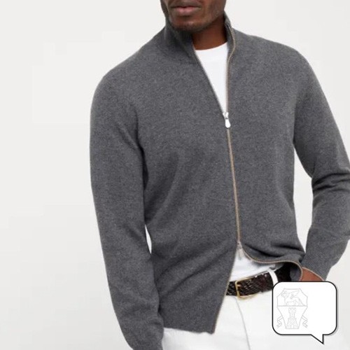 [홍콩명품.Brunello Cucinelli ] 브루넬로 쿠치넬리 26SS 로고 터틀넥 캐시미어 니트 집업 가디건 자켓 (그레이), BM25214, JL, 무료배송