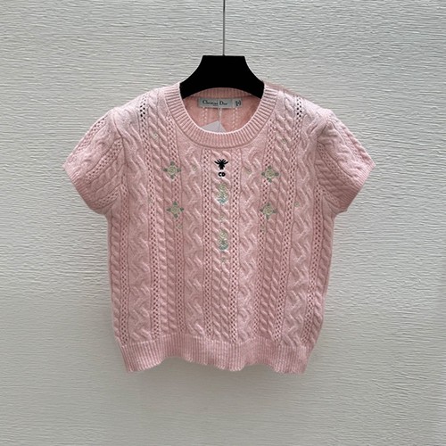 디올 로고 여성 쇼트 니트 반팔 티셔츠 (핑크) 26SS