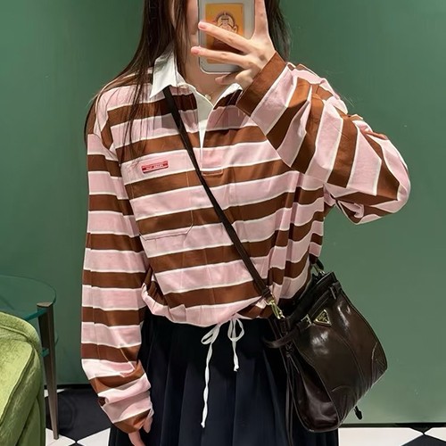 프라다 로고 여성 스트라이프 카라 긴팔 티셔츠 (핑크-브라운) 26SS