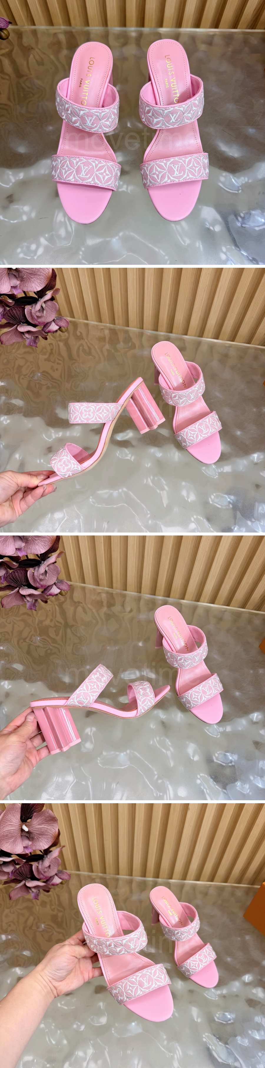 루이비통 로고 여성 모노그램 8cm 굽 슬리퍼 (핑크) 26SS 상세이미지 3