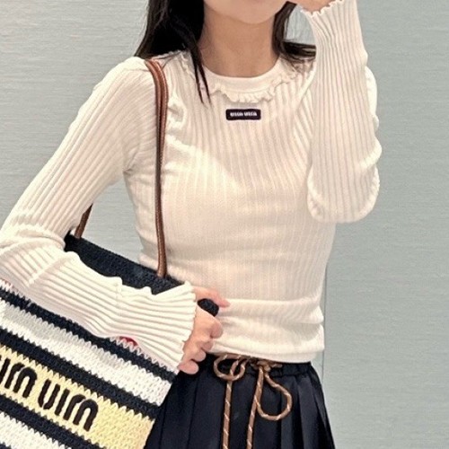 미우미우 로고 여성 슬림핏 긴팔 티셔츠 (화이트) 26SS