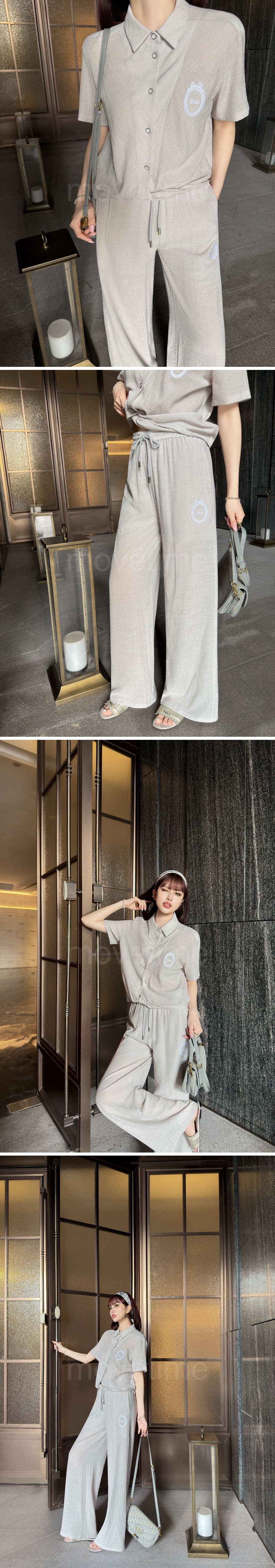 디올 여성 카라 오픈 반팔 티셔츠 + 오버핏 팬츠 바지 상하의 세트 26SS 상세이미지 2